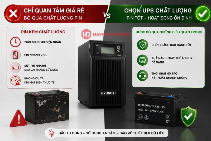 Mua UPS cho PC cần lưu ý gì? Kinh nghiệm tránh chọn sai 2 Lỗi chỉ quan tâm UPS cho máy tính giá rẻ mà bỏ qua chất lượng pin