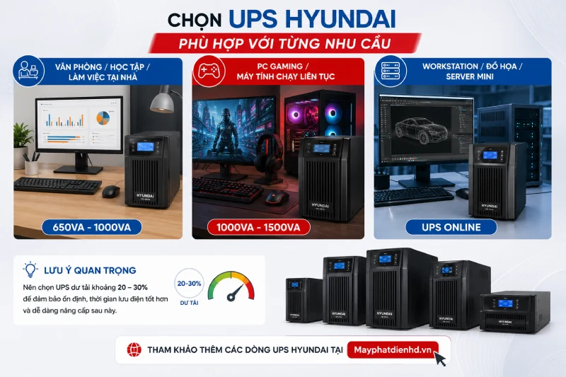 Mua UPS cho PC cần lưu ý gì? Kinh nghiệm tránh chọn sai 3 Nên chọn mua UPS Hyundai cho PC theo nhu cầu thực tế